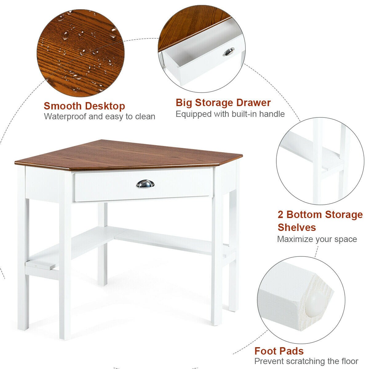 Costway Triangle Computer Desk Corner Office Desk Laptop Table with Drawer Shelves Rustic Brown&#x26;Black/White/Black/Coffee/Grey/Natural&#x26;White