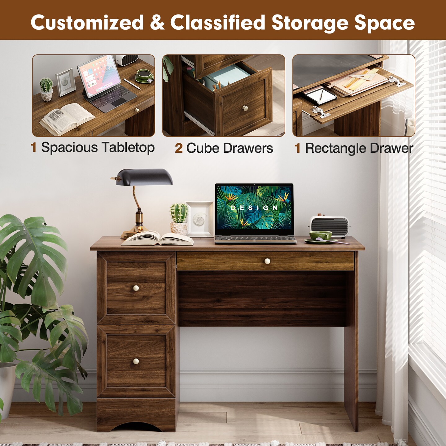 Costway Vintage Computer Desk Home Office Study Table Spacious Workstation with 3 Drawers Brown