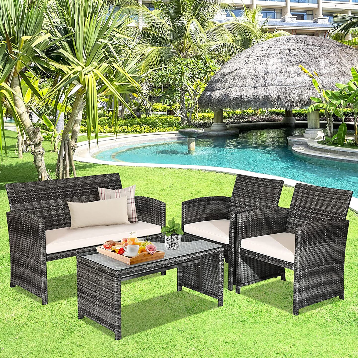 Costway 4PCS Patio Rattan Furniture Set Conversation Glass Table Top Cushioned Sofa, White