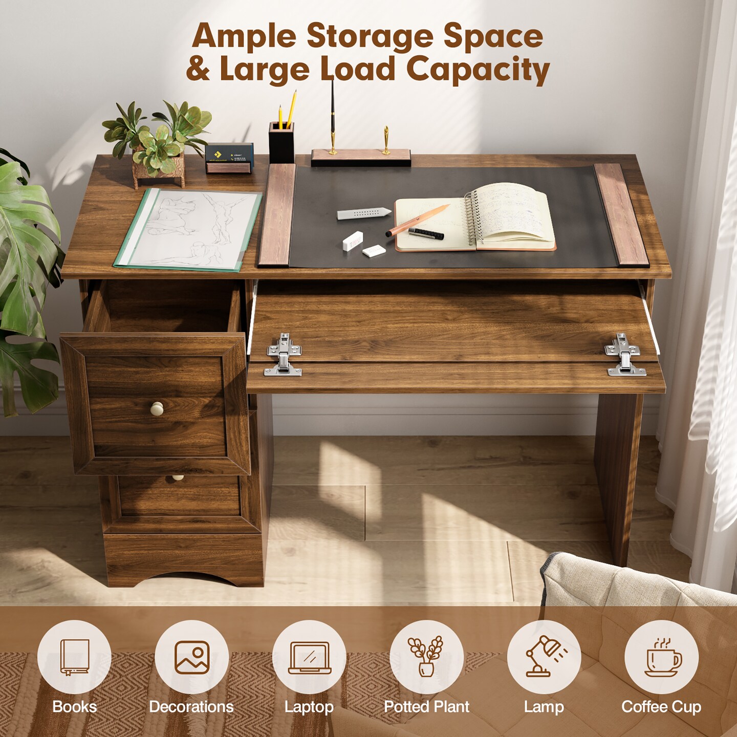 Costway Vintage Computer Desk Home Office Study Table Spacious Workstation with 3 Drawers Brown
