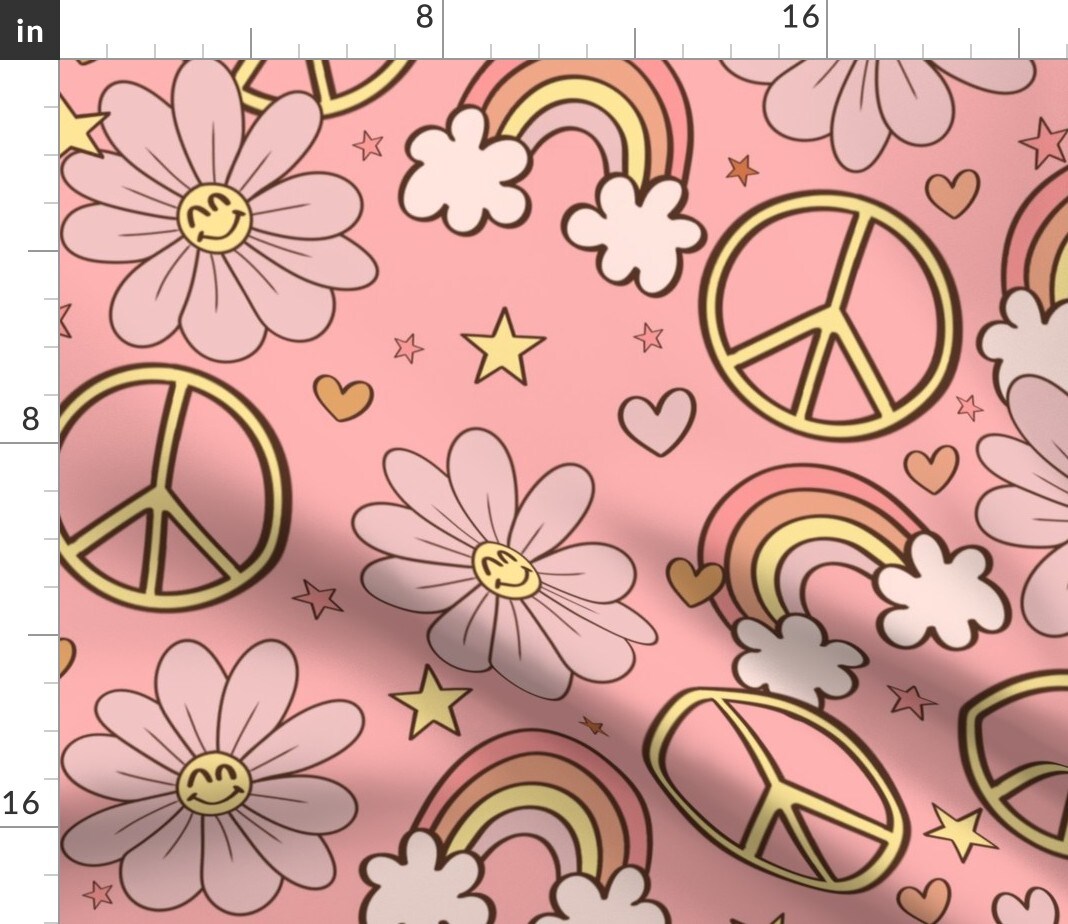Psychedelic Whimsical Groovy Pink Peace Sign Floral Rainbow Cute 60S 70S Custom Printed Fabric by Spoonflower Various Fabrics by the Yard or Fat Quarter