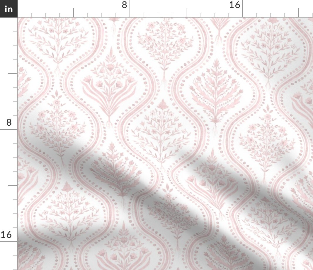 Paisley Damask Pale Pink Thistle Ogee Indian Block Print Grandmillennial White Romantic Cottagecore Custom Printed Fabric by Spoonflower Various Fabrics by the Yard or Fat Quarter
