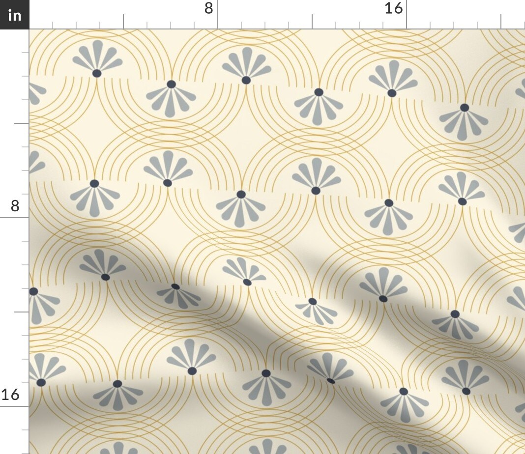 Retro Floral Yellow Swirls Blue Gray Deco Flowers Custom Printed Fabric by Spoonflower Various Fabrics by the Yard or Fat Quarter