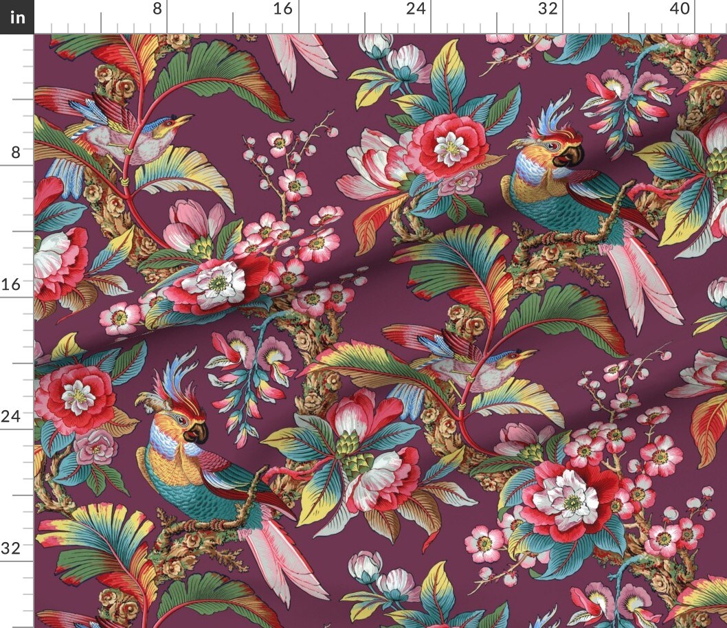 Purple Antique Birds Palm Jungle Tropical Magenta Burgundy Wine Mauve Botanical Parrot Victorian Edwardian Art Nouveau Large Scale Custom Printed Fabric by Spoonflower Various Fabrics by the Yard or Fat Quarter