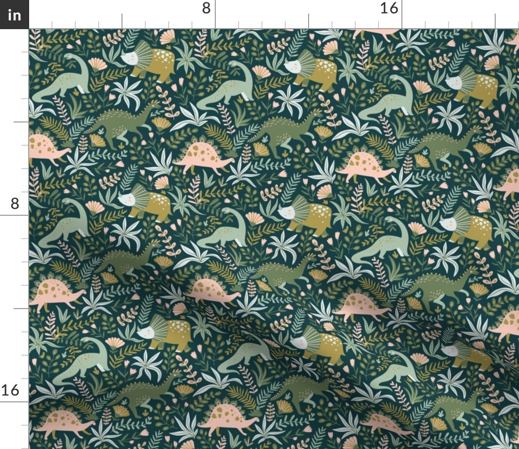 Botanical Dinosaurs Green Pink Animals Jurassic Kids Children Prehistoric Custom Printed Fabric by Spoonflower Various Fabrics by the Yard or Fat Quarter
