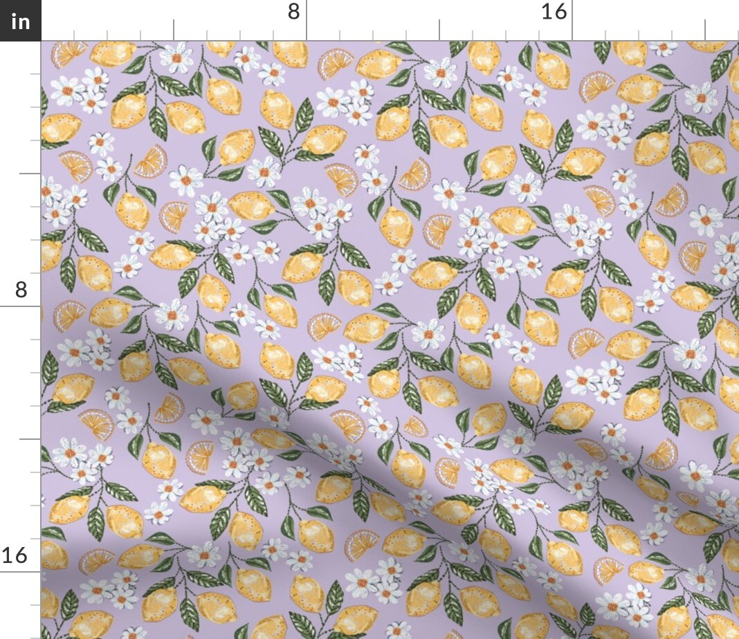 Lemonade Yellow And Purple Small Scale Summer Fruit Lemon Floral Daisy Flower Lemons Lavender Custom Printed Fabric by Spoonflower Various Fabrics by the Yard or Fat Quarter