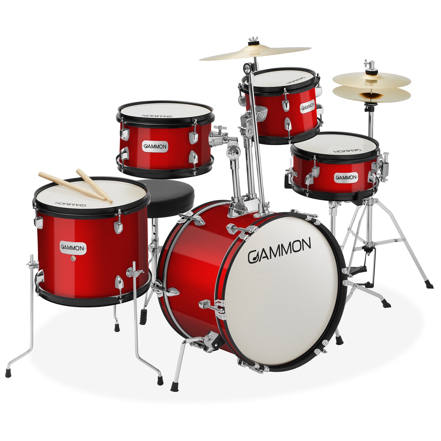 Gammon Percussion 5-Piece Junior Starter Drum Kit with Cymbals, Hardware, Sticks, & Throne