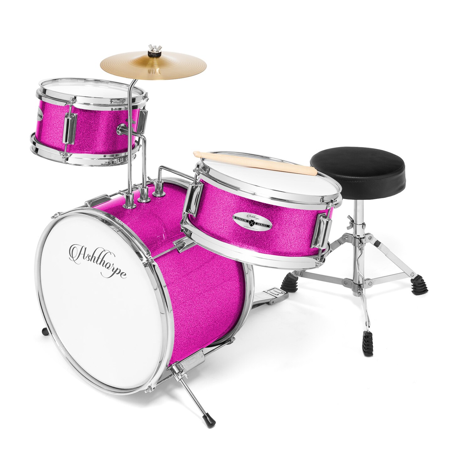 Ashthorpe 3-Piece Complete Kids Drum Set - Beginner Kit with 14&#x22; Bass, Adjustable Throne, Cymbal, Pedal &#x26; Drumsticks