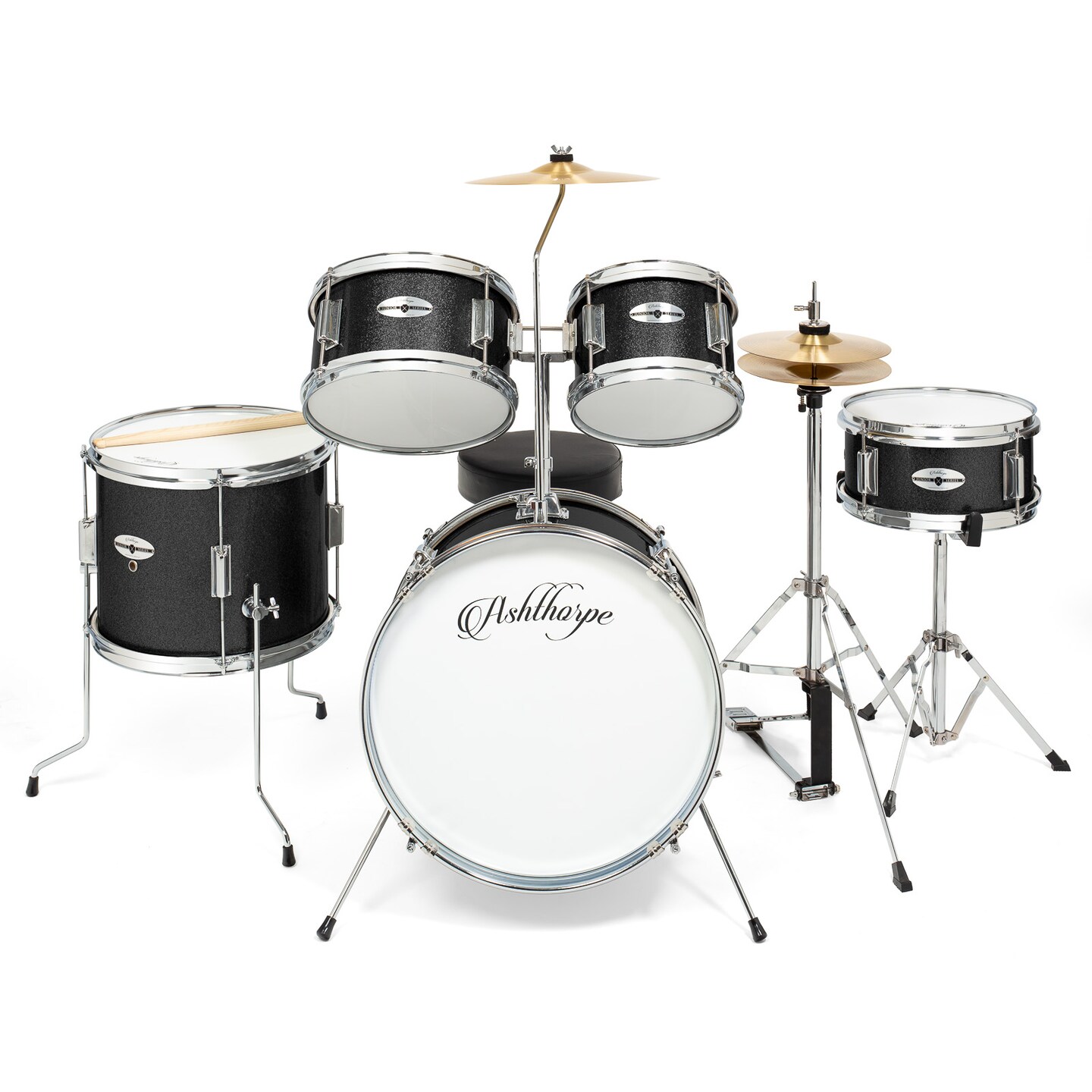 Ashthorpe 5-Piece Complete Junior Drum Set with Genuine Brass Cymbals - Advanced Beginner Kit with 16&#x22; Bass, Adjustable Throne, Cymbals, Hi-Hats, Pedals &#x26; Drumsticks