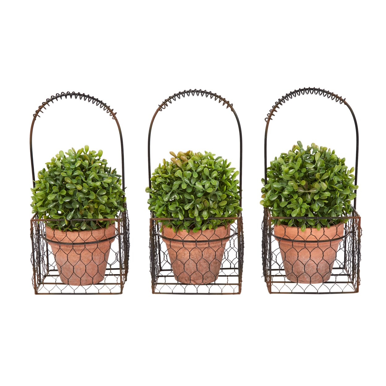 Faux Boxwood Topiary Arrangements Set Of 3 9.5 Inch Tall Metal Baskets