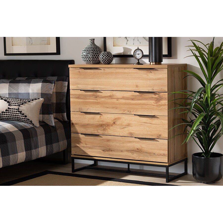 Wholesale Interiors Baxton Studio Reid Modern and Contemporary Industrial Oak Finished Wood and Black Metal 4 Drawer Dresser