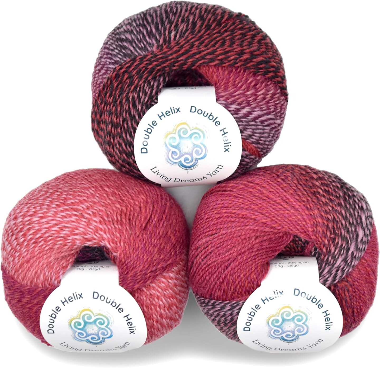 Double Helix by Living Dreams Yarn. Soft, Colorful 2-ply Wool Yarn for Crochet, Knitting, Weaving. Self-Striping Sport Weight Yarn, 3 Pack, 150g