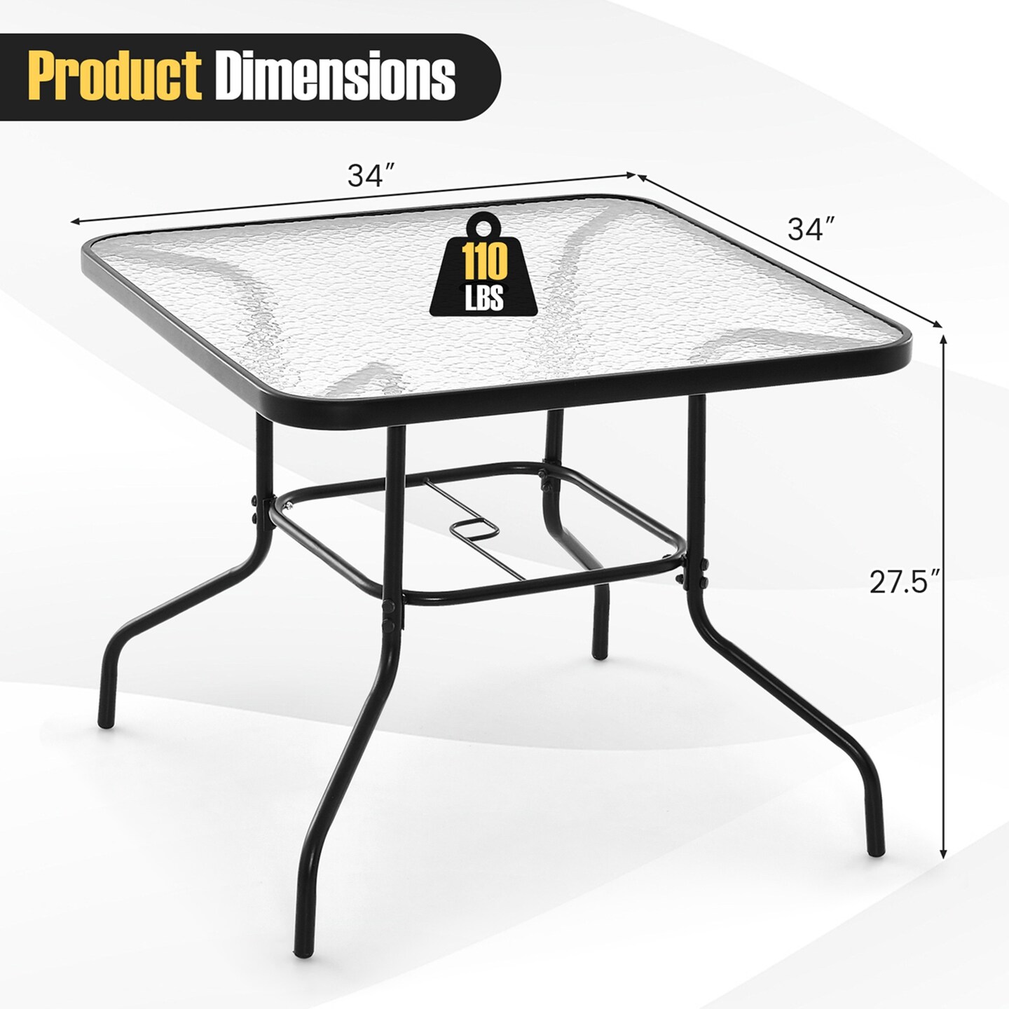 Costway 34 Inch Outdoor Dining Table Square Tempered Glass Table with 1.5&#x22; Umbrella Hole