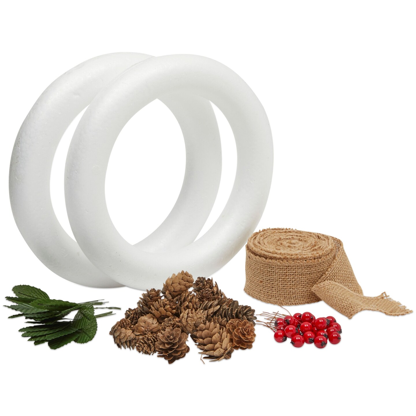 75-Piece Kit Christmas Wreath Decorations DIY Kit with 2 Craft Foam Rings, Ribbon, Berries, Pinecones (10 Inches)
