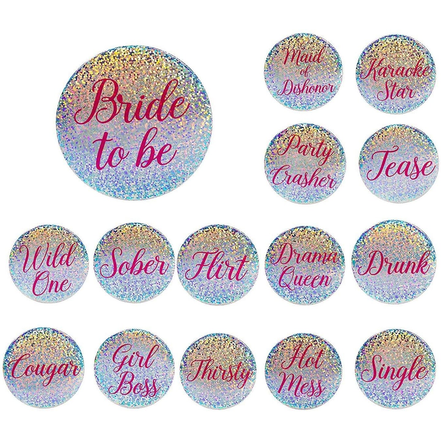 15-Pack Bridal Party Pins - Funny Bachelorette Party Supplies, Bride to Be and Bridesmaids Pinback Buttons, Holographic Glitter Bachelorette Pins, Fun Bridal Gifts and Party Favors