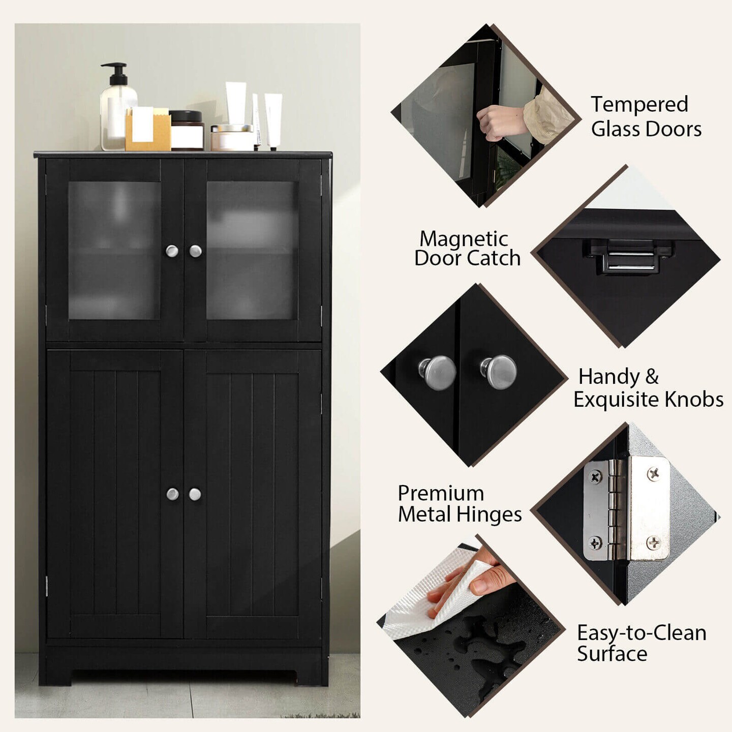 Black MDF Glass Door Floor Cabinet with Adjustable Shelf – 43 inches Storage Unit