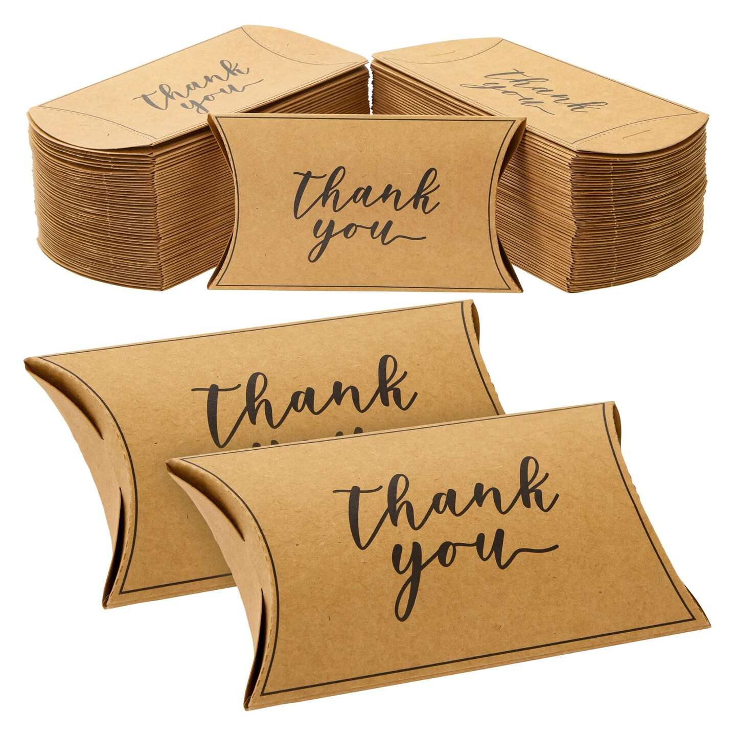100-Pack Wedding Favor Pillow Boxes, Bulk 5.2x3.2-Inch Kraft Paper Thank You Gift Boxes for Party Favors (Brown with Black Script)