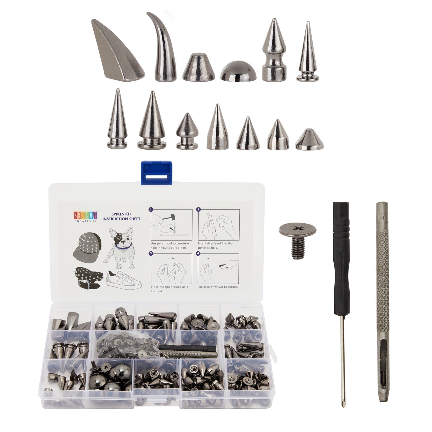 150-Piece Gunmetal Gray Spikes and Studs Set, 13 Assorted Shapes with Screws, Phillips Screwdriver, Hole Punch Tool, and Plastic Storage Case for Crafts and Clothing Decorations