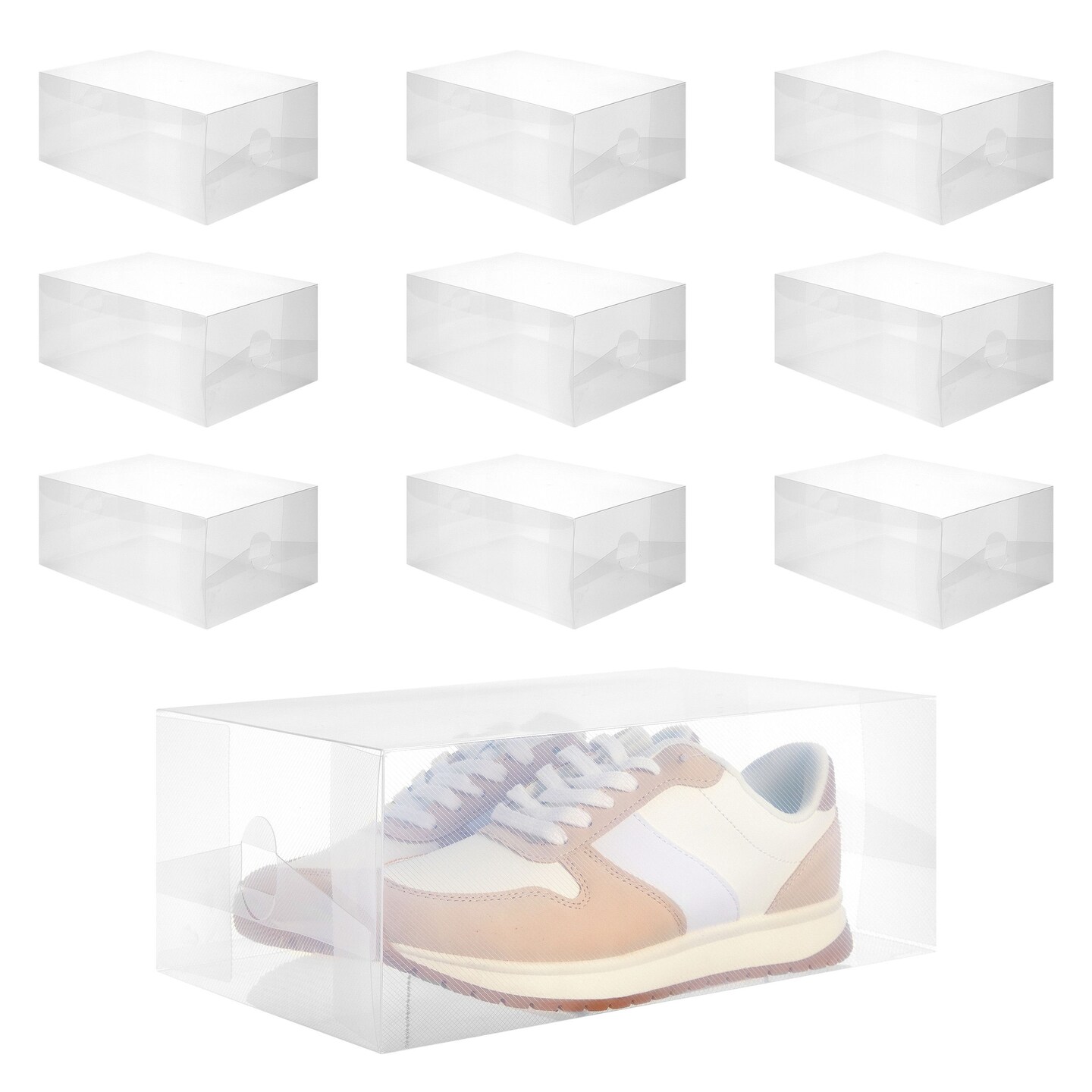 10 Pack Foldable Clear Plastic Shoe Storage Boxes, Stackable Cases for Closet Organization (13 x 8.25 x 5.1 In)