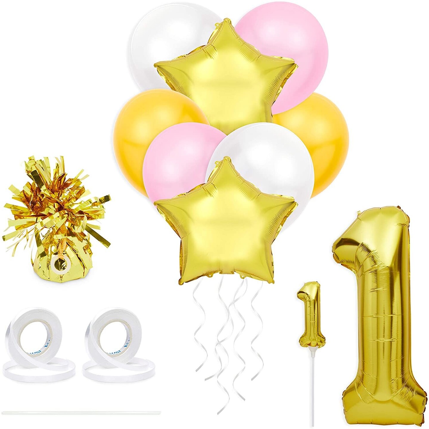 Pink &#x26; Gold Girl 1st Birthday Party Decorations, Balloons, Cake Topper and Tassels