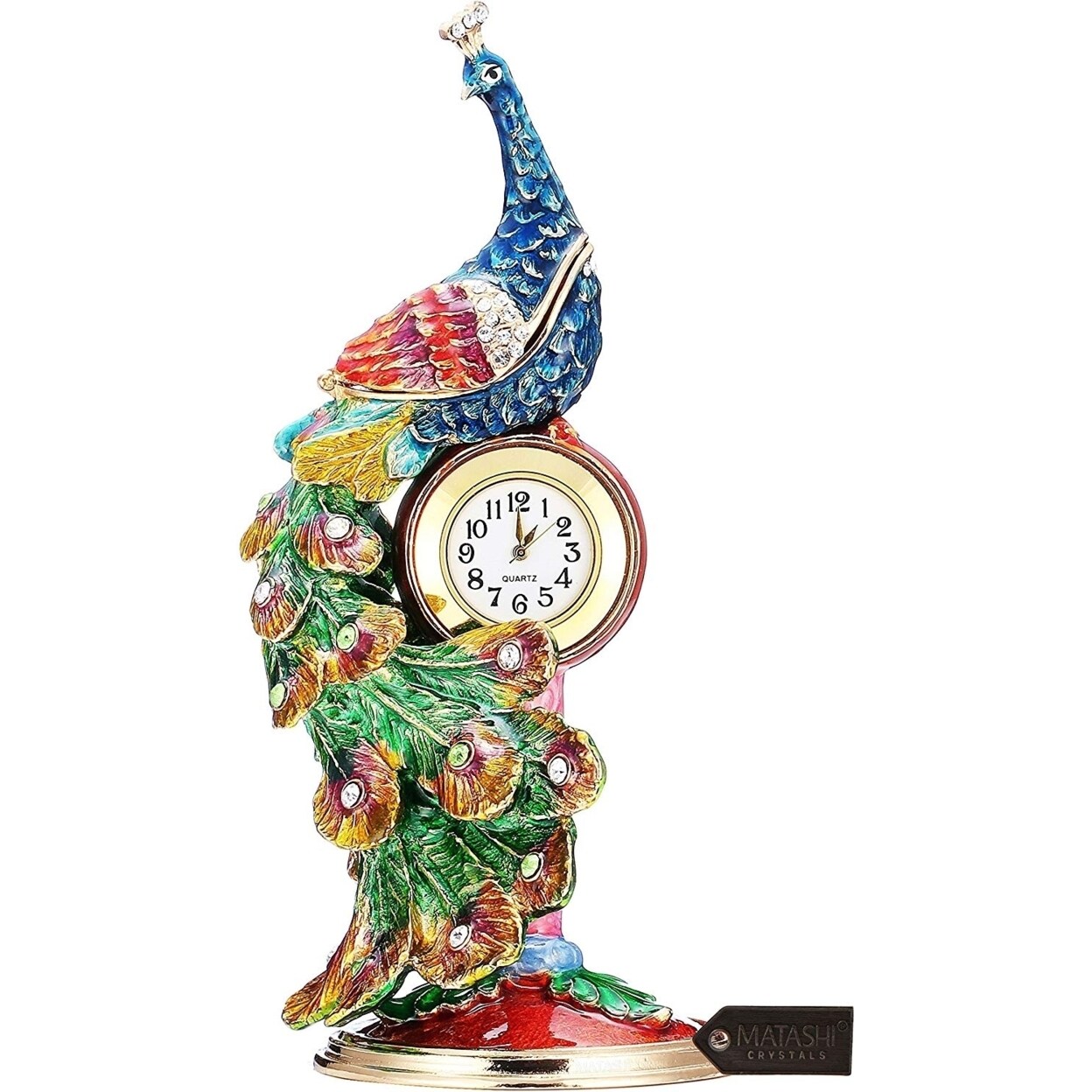 Matashi Hand Painted Peacock Trinket Box & Table Clock Jewelry Holder w/ Crystals Decorative Bird Long Feathers