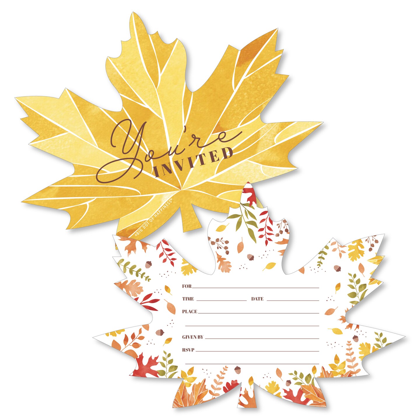 Big Dot of Happiness Fall Foliage - Shaped Fill-In Invitations - Autumn Leaves Party Invitation Cards with Envelopes - Set of 12