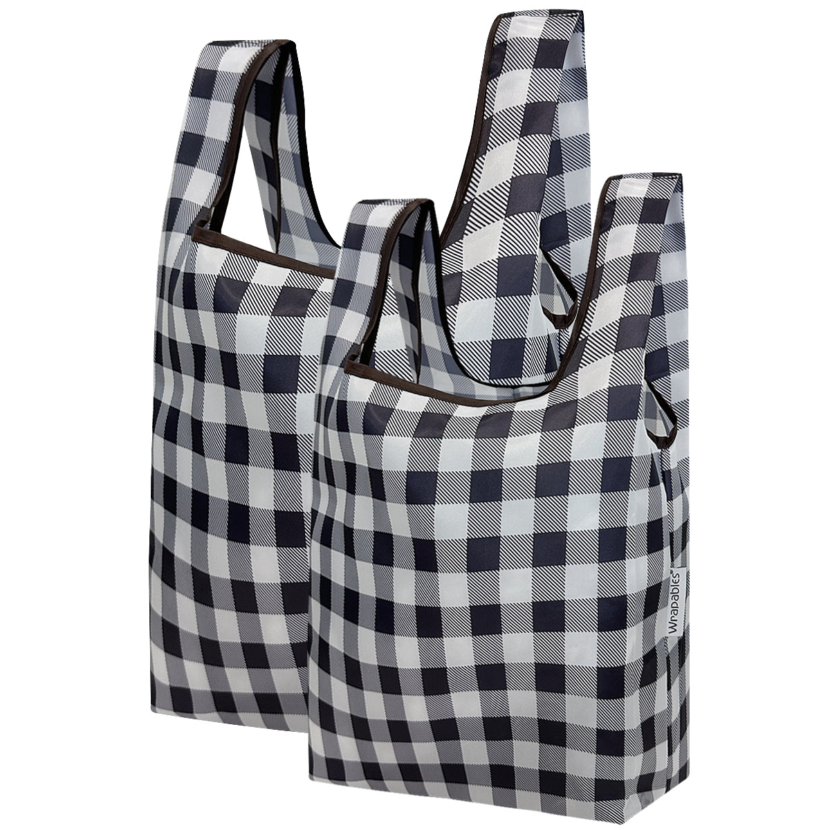 Wrapables Large & Small Foldable Tote Nylon Reusable Grocery Bags, Set of 2, Black Stripes