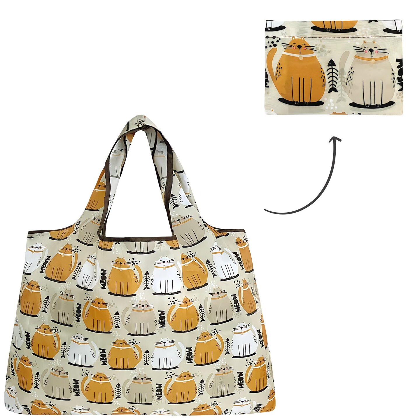 COMIO Tote Bag Reusable Cute Cats Green Shopping Bags Washable Foldable Polyester Grocery Bags