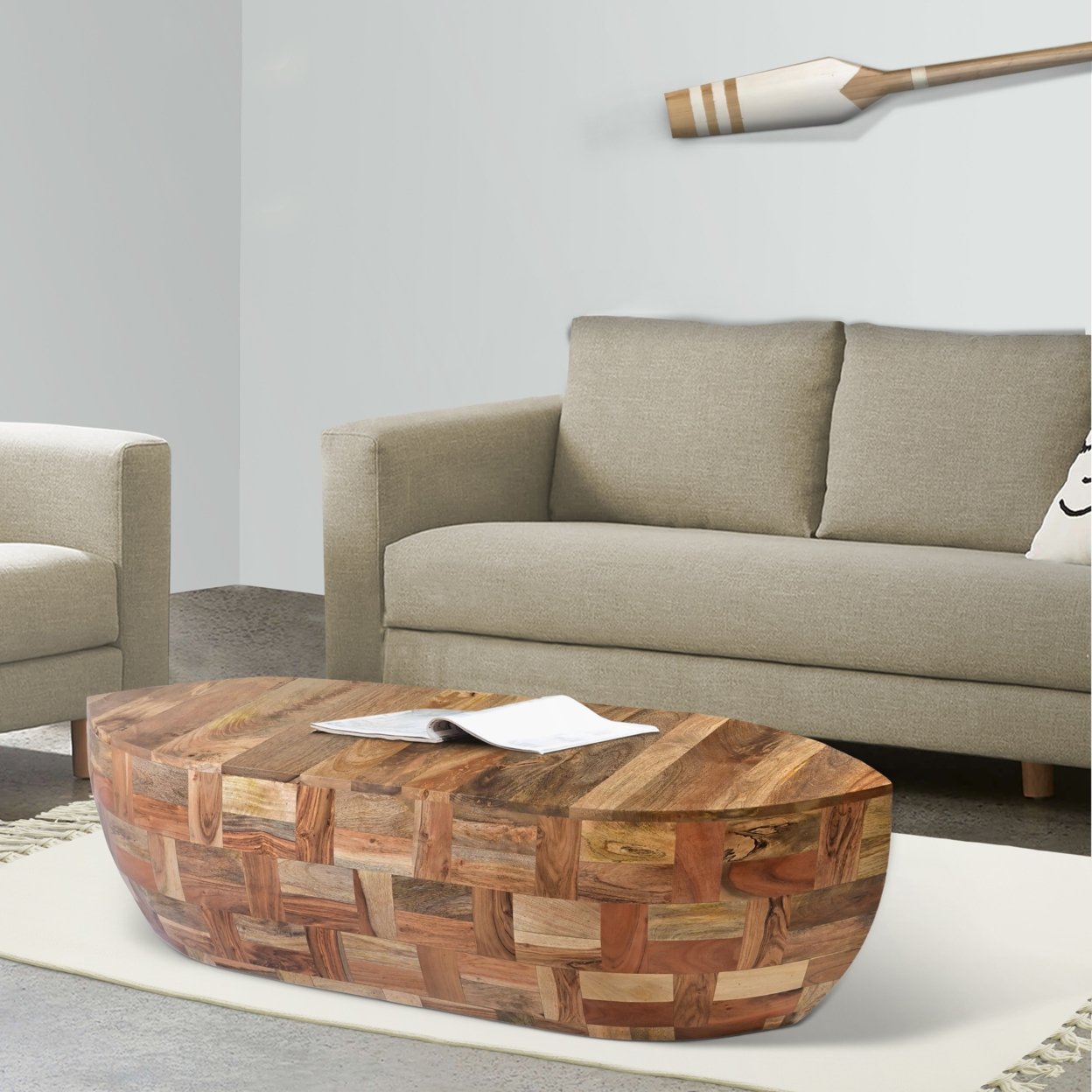 Saltoro Sherpi 42 Inch Mango Wood Oval Canoe Shape Coffee Table, Weathered Brown-