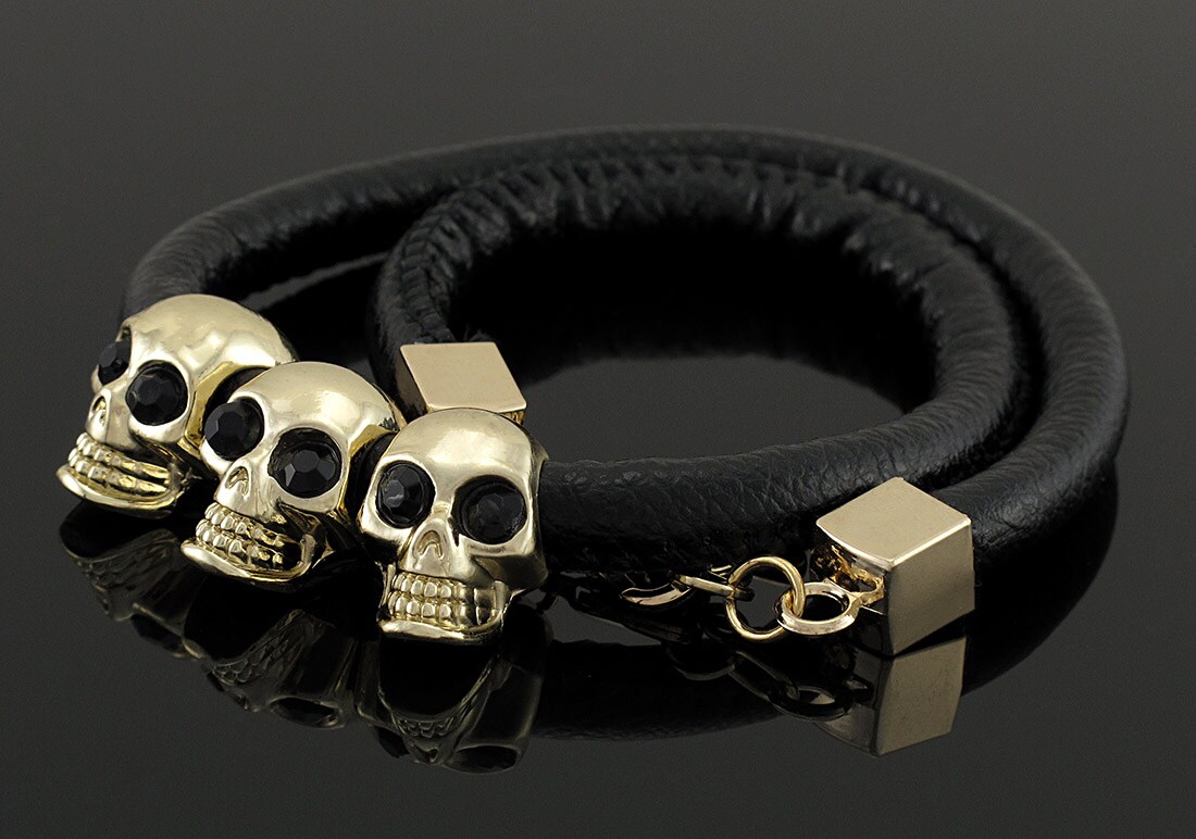 Rounded Vinyl Double Wrap Bracelet with Gold Tone Skull Beads