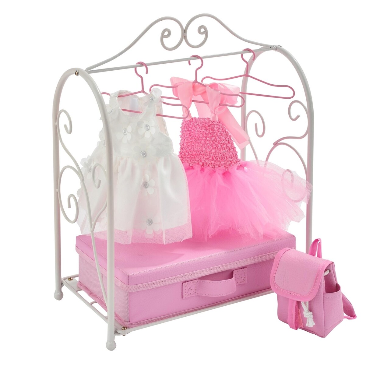 Badger Basket Co. Scrollwork Metal Doll Armoire with Storage, Dresses and Accessories - White, Pink