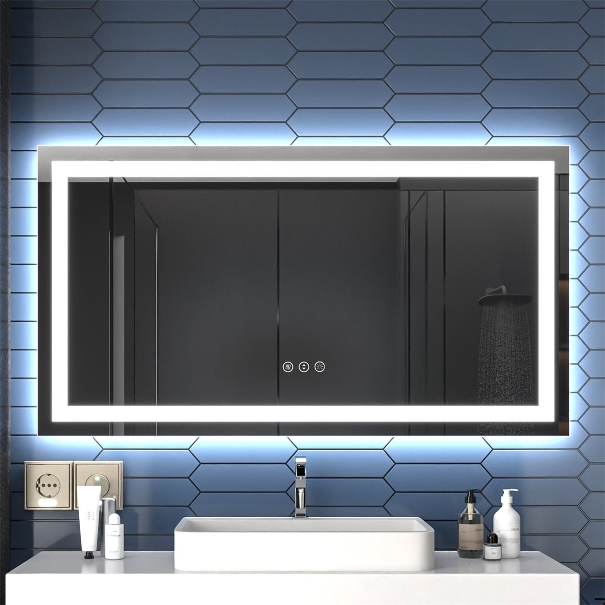 Apex 55" W Led Bathroom Light Mirror Anti Fog Dimmable Tempered Glass 2 Modes