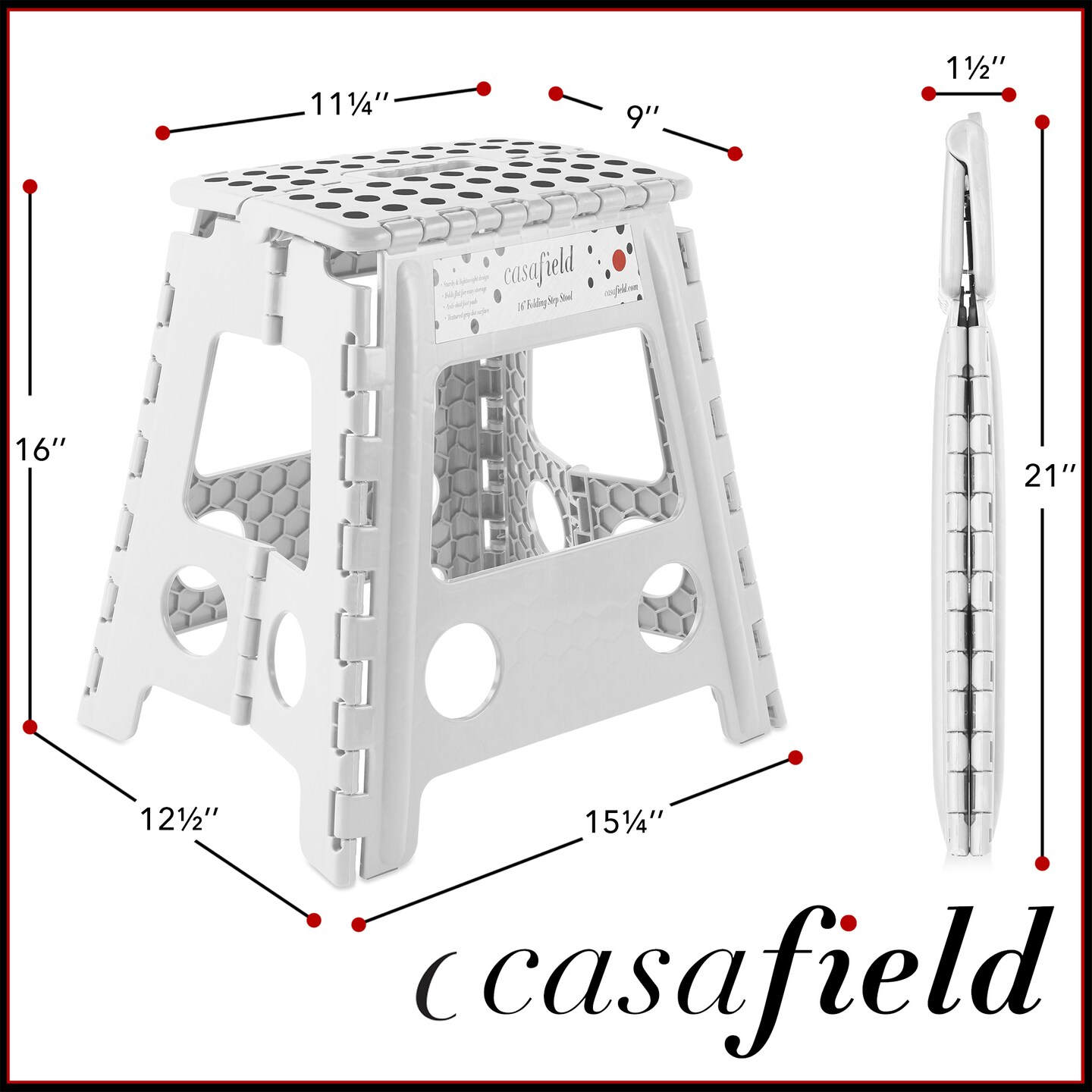 Casafield 16&#x22; Folding Step Stool with Handle, White - Portable Collapsible Small Plastic Foot Stool for Adults - Use in the Kitchen, Bathroom and Bedroom