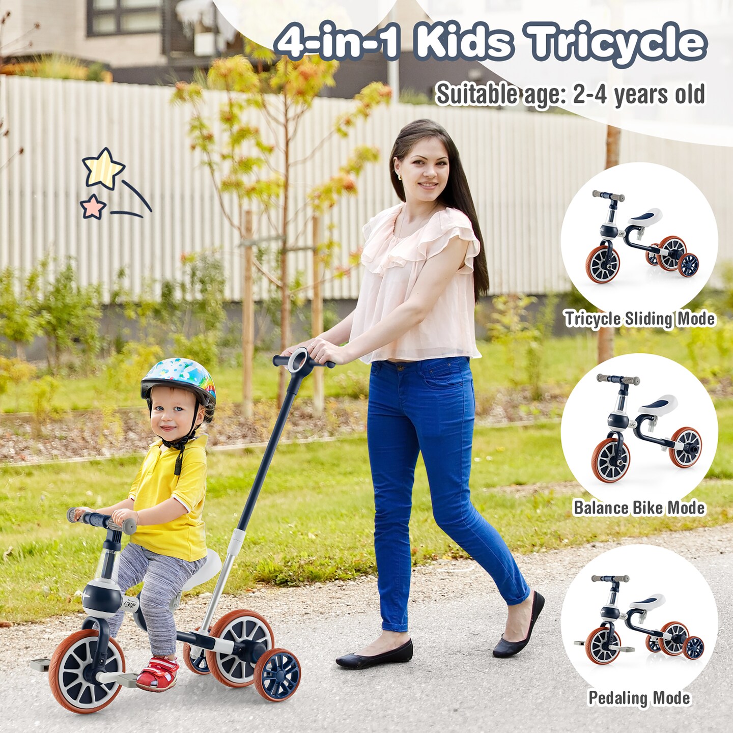 Costway 4 in 1 Kids Tricycles with Push Handle & Training Wheels Baby Balance Bike Navy/Pink