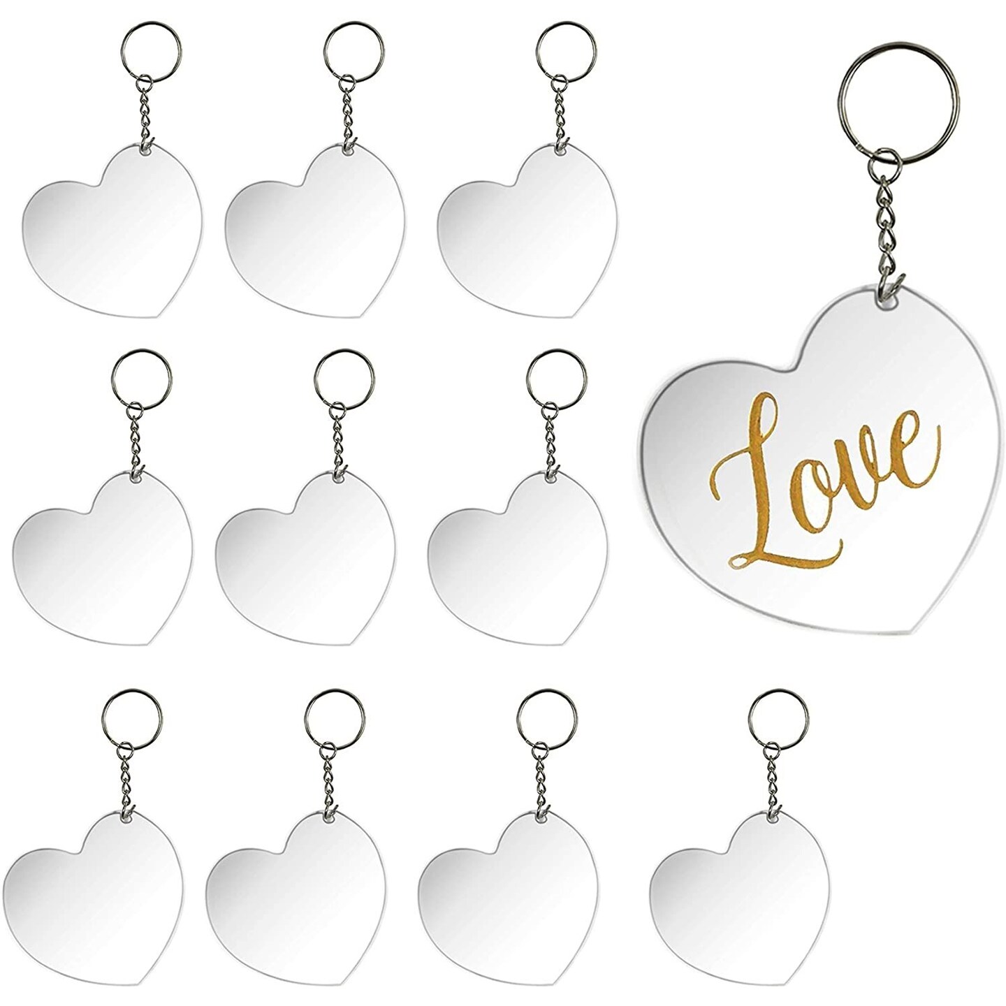 Acrylic Heart Keychain Blanks with Metal Rings for DIY Crafts (3x2.75 In,  10 Pack)