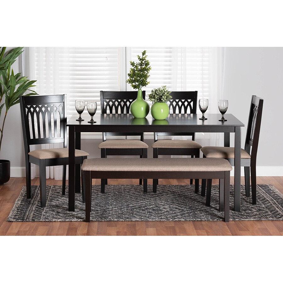 Wholesale Interiors Baxton Studio Genesis Modern Beige Fabric and Dark Brown Finished Wood 6 Piece Dining Set