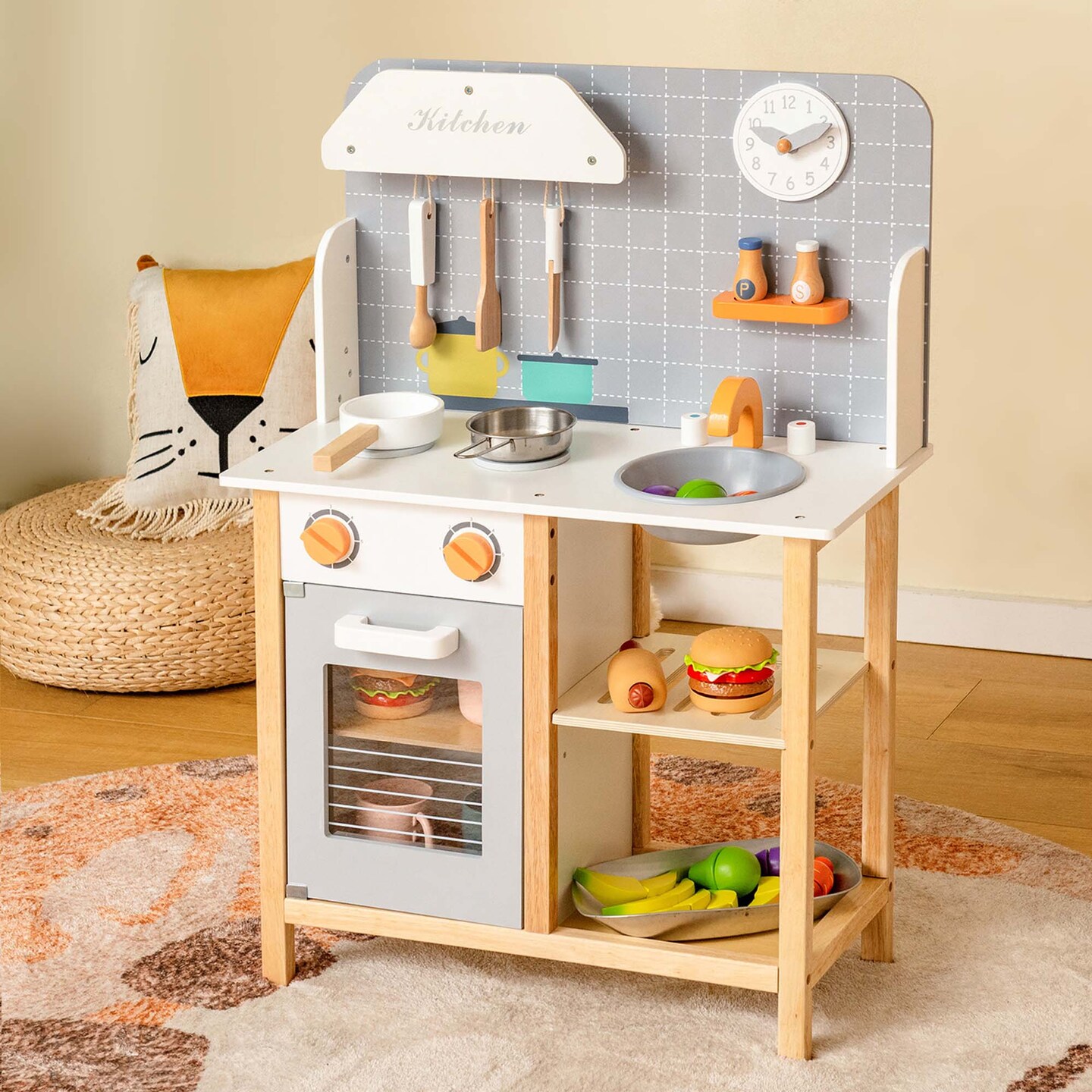Costway Wooden Kid's Play Kitchen Set Pretend Chef Cooking Toy with Cookware Accessories