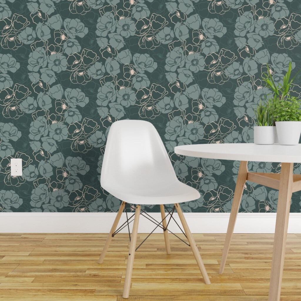 Peel & Stick Wallpaper 2FT Wide Emerald Modern Floral Botanical Blush ...