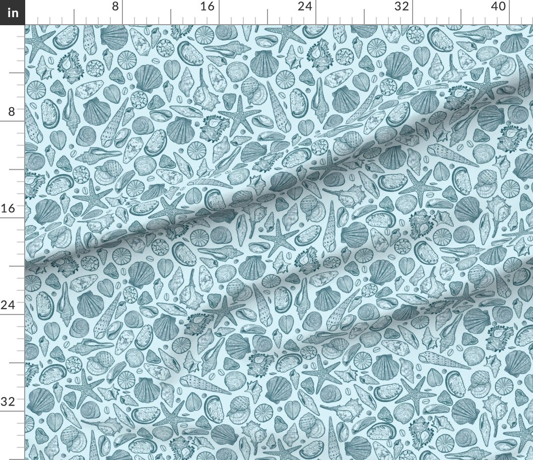 Blue Seashells Monochromatic Medium Scale Line Art Custom Printed Fabric by Spoonflower Various Fabrics by the Yard or Fat Quarter