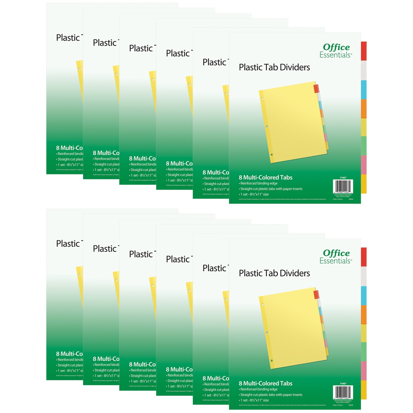 Office Essentials Insertable Plastic Tab Dividers for 3 Ring Binders, 8-Tab Sets, Multicolor Tabs, 12 Sets (21941)