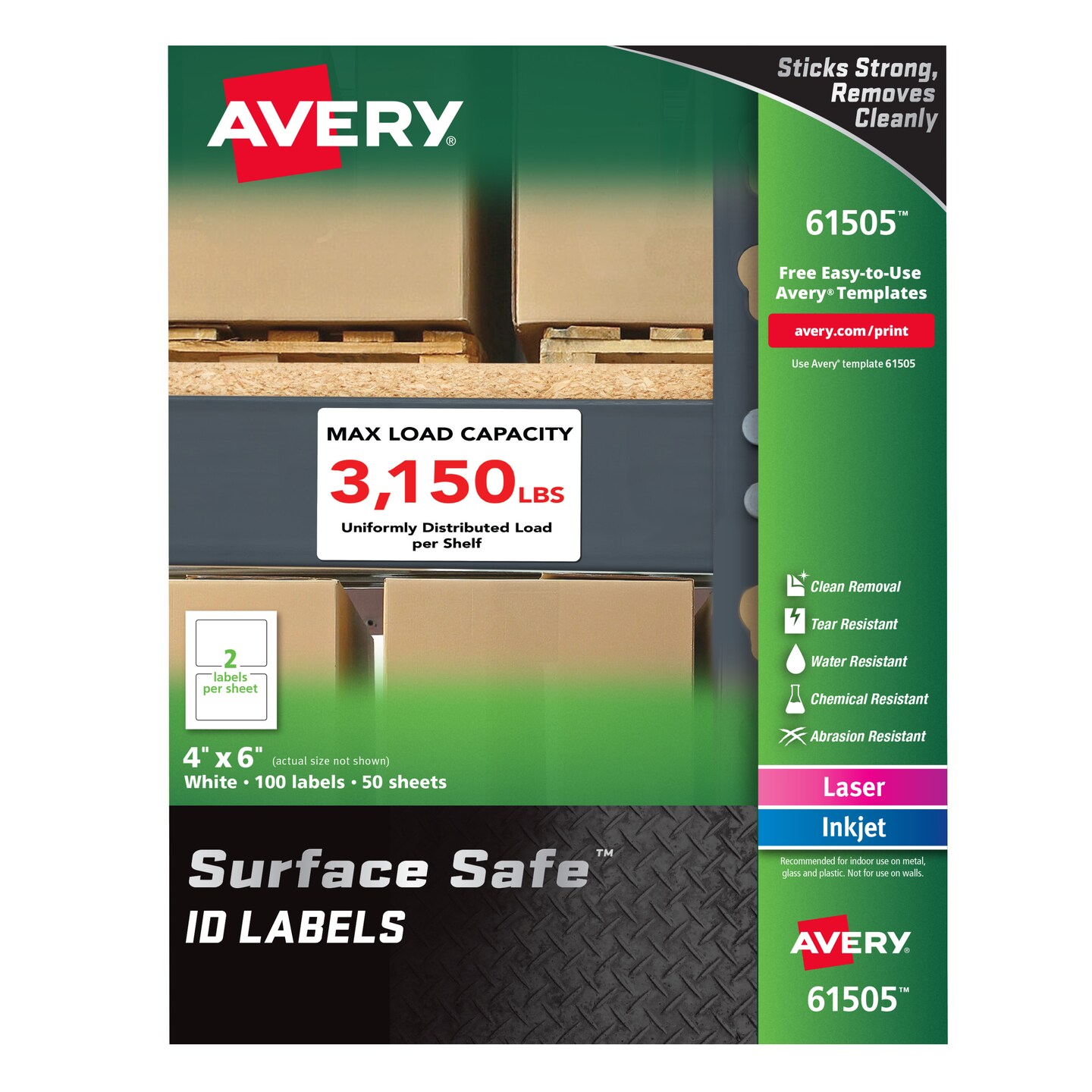 Avery Surface Safe ID Labels, 4&#x22; x 6&#x22;, Water Resistant, Matte White, Removable Adhesive, 100 Labels (61505)
