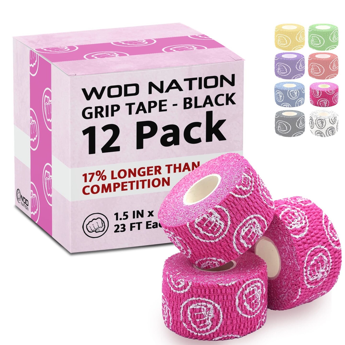 WOD Nation Weightlifting Hook Grip Tape - Bulk 12 Pack (23ft/Roll) Comfortable &#x26; Stretchy Athletic Thumb Tape for Weight Lifting, Excercise &#x26; Cross Training - Protect Thumb, Wrist &#x26; Finger -Pink