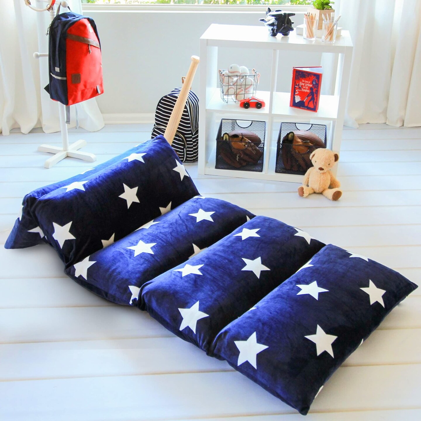 Butterfly Craze Floor Pillow Case, Mattress Bed Lounger Cover, Star Navy, Queen, Cozy Seating Solution for Kids &#x26; Adults, Recliner Cushion, Perfect for Reading, TV Time, Sleepovers, &#x26; Toddler Nap Mat