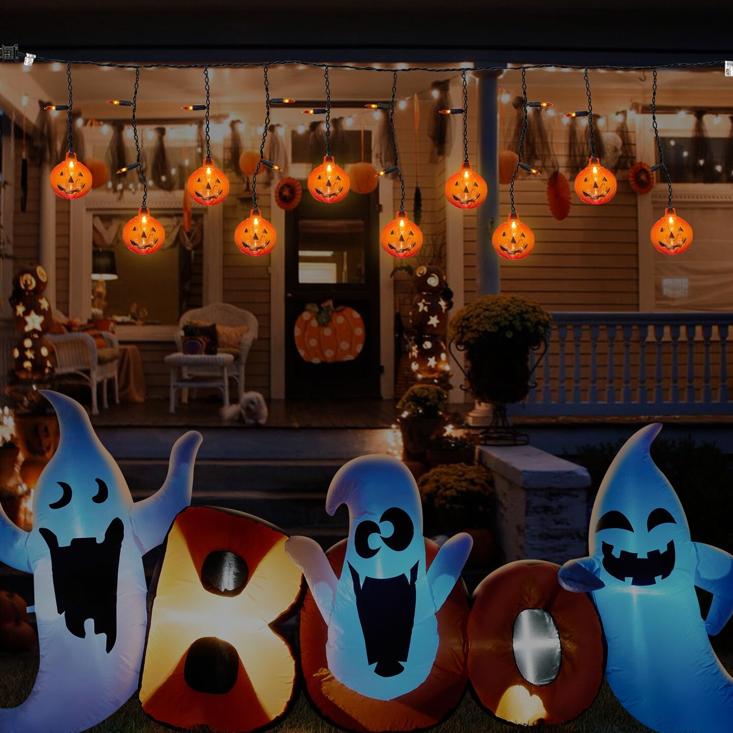 Halloween 7FT Pumpkin Curtain Lights with 10 Waterproof Pumpkin String Lights, 25 LED Halloween Themed Lights for Windows, Porches, Stairs, Bars, Outdoor, Indoor Party Decorations