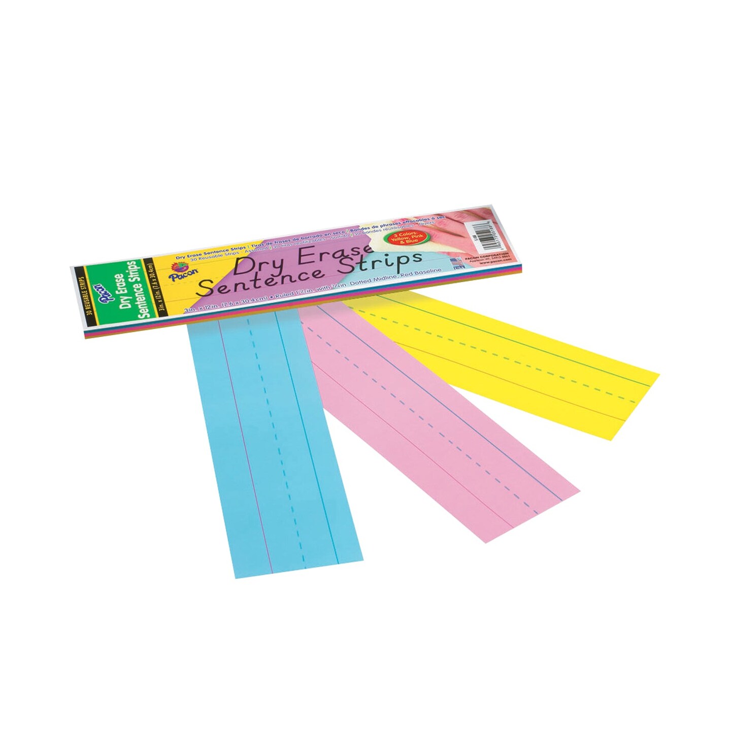 Dry Erase Sentence Strips, 3 Assorted Colors, 1-1/2&#x22; X 3/4&#x22; Ruled, 3&#x22; x 12&#x22;, 30 Per Pack, 6 Packs