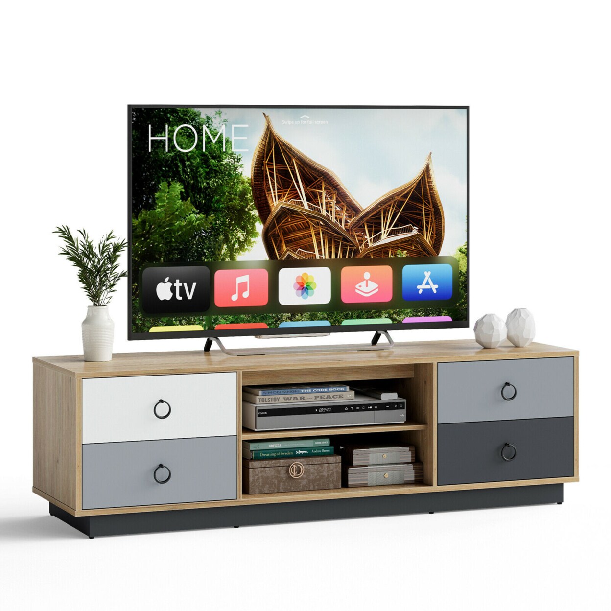 55 Tv Stand Entertainment Media Center W/ Storage Cabinets Adjustable Shelves