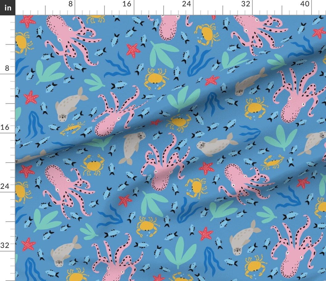Sea Creature Whimsical Bright Colorful Ocean Nautical Coastal Custom Printed Fabric by Spoonflower Various Fabrics by the Yard or Fat Quarter