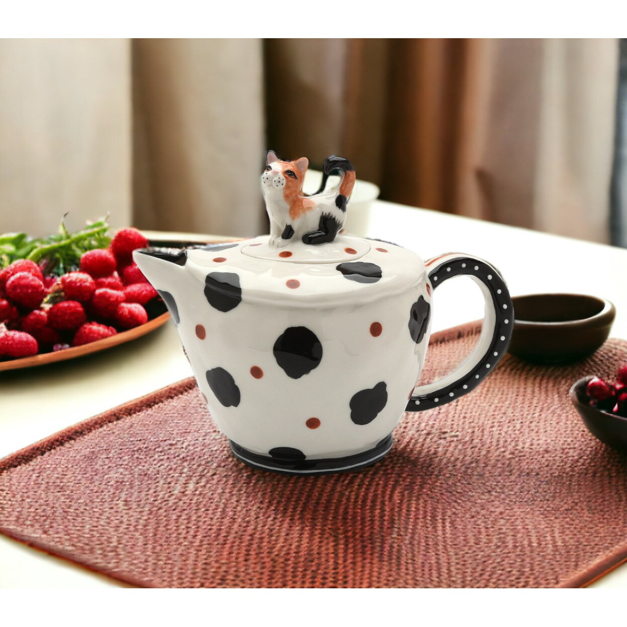 Ceramic Cow-Print Cat Teapot, Home Decoration Gift Idea Pottery Tea Pot Infuser