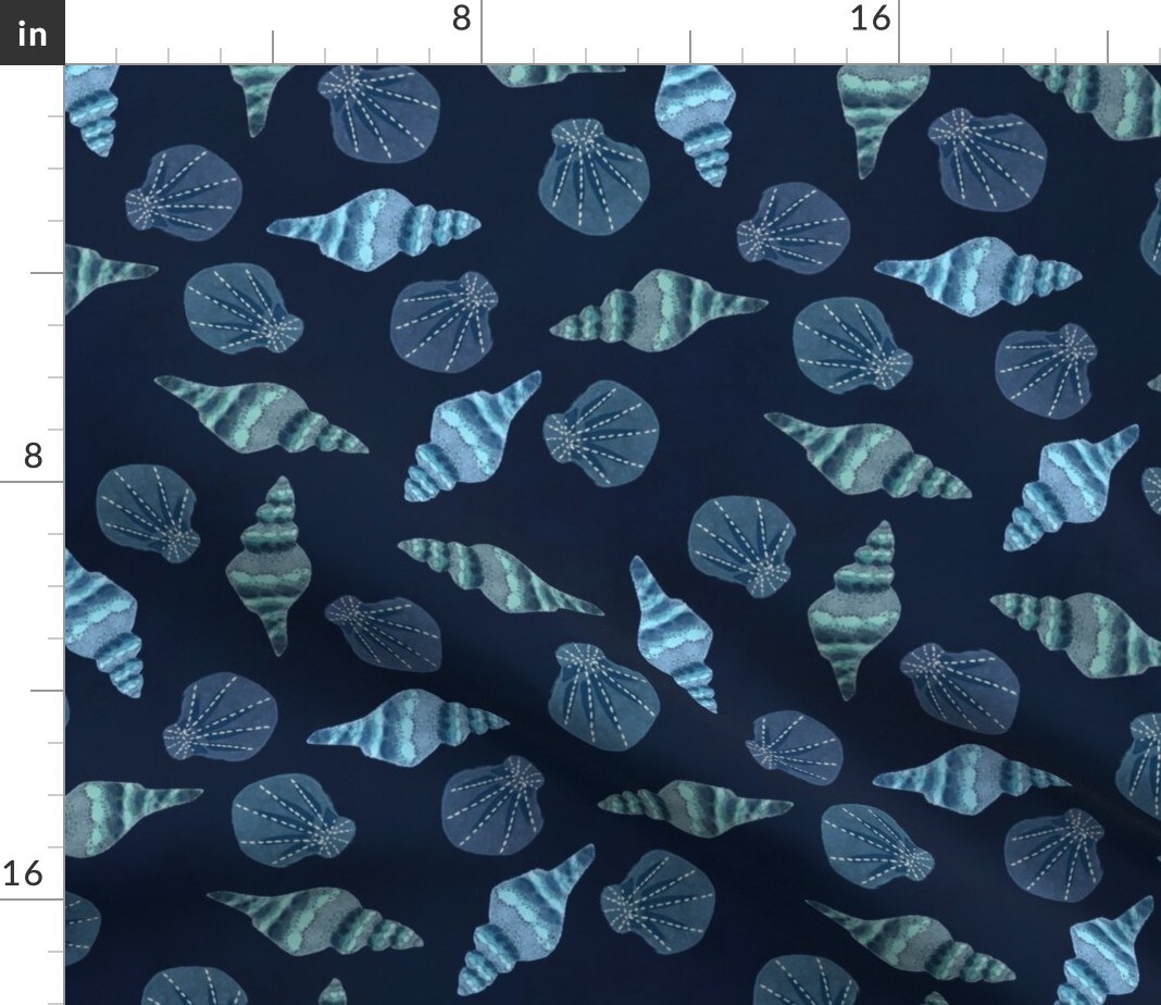 Blue Shells Coastal Seashells Under The Sea Beach Ocean Nautical Custom Printed Fabric by Spoonflower Various Fabrics by the Yard or Fat Quarter