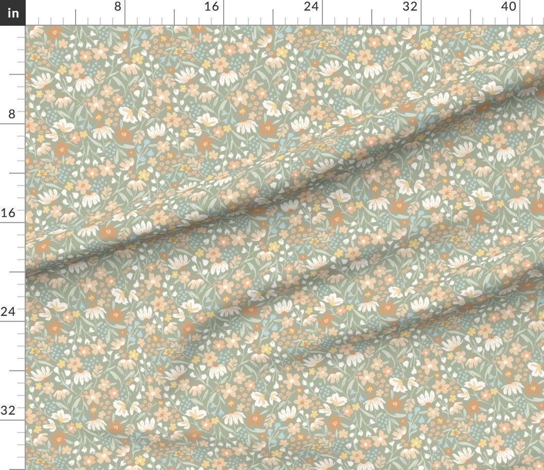 Various Fabrics by the Yard or Fat Quarter Floral Bloom Flowers Boho Meadow Woodlands Daisy Chain Sage Green Custom Printed Fabric by Spoonflower